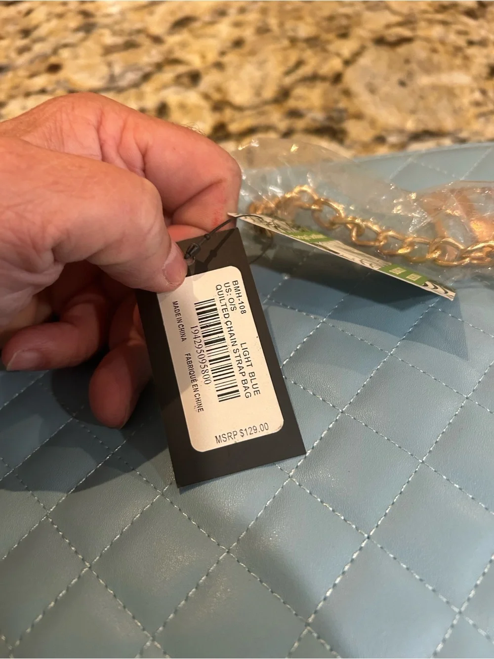 Badgley Mischka Sky Blue Quilted Large Tote, Chain Straps NWT